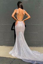 Long V-Neck Sequins Mermaid Prom Dress with Open Back