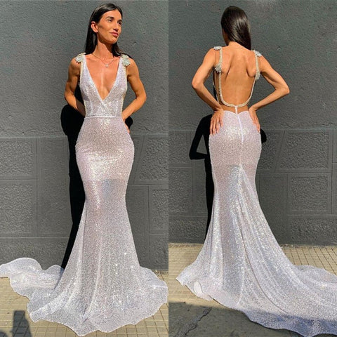 Long V-Neck Sequins Mermaid Prom Dress with Open Back
