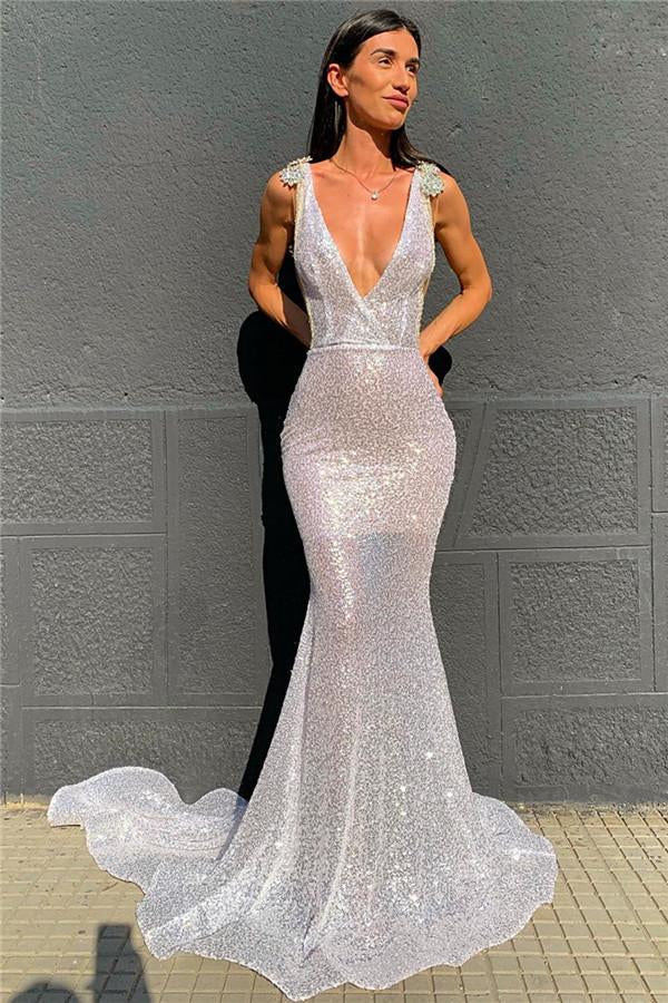 Long V-Neck Sequins Mermaid Prom Dress with Open Back