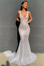 Long V-Neck Sequins Mermaid Prom Dress with Open Back