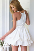 Deep V-Neck Short Ivory Sleeveless Homecoming Dress with Ruffles  PD008