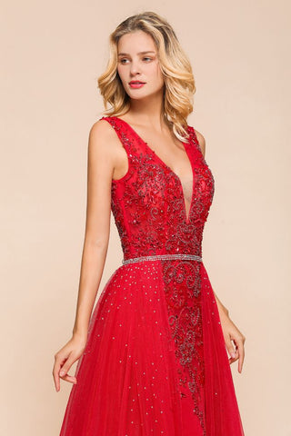 Deep V-Neck Sleeveless Lace Appliques Evening Maxi Dress A-line Chiffon Prom Dress