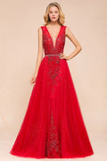 Tiefer V-Ausschnitt, ärmelloses Spitzenapplikationen, Maxi-Abendkleid, A-Linie, Chiffon-Ballkleid