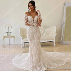 Vestidos de noiva com decote em V profundo para mulher 2024, novos, ombro de fora, renda, mangas compridas, sereia, baile, vestido de noiva vintage