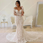Vestidos de noiva com decote em V profundo para mulher 2024, novos, ombro de fora, renda, mangas compridas, sereia, baile, vestido de noiva vintage