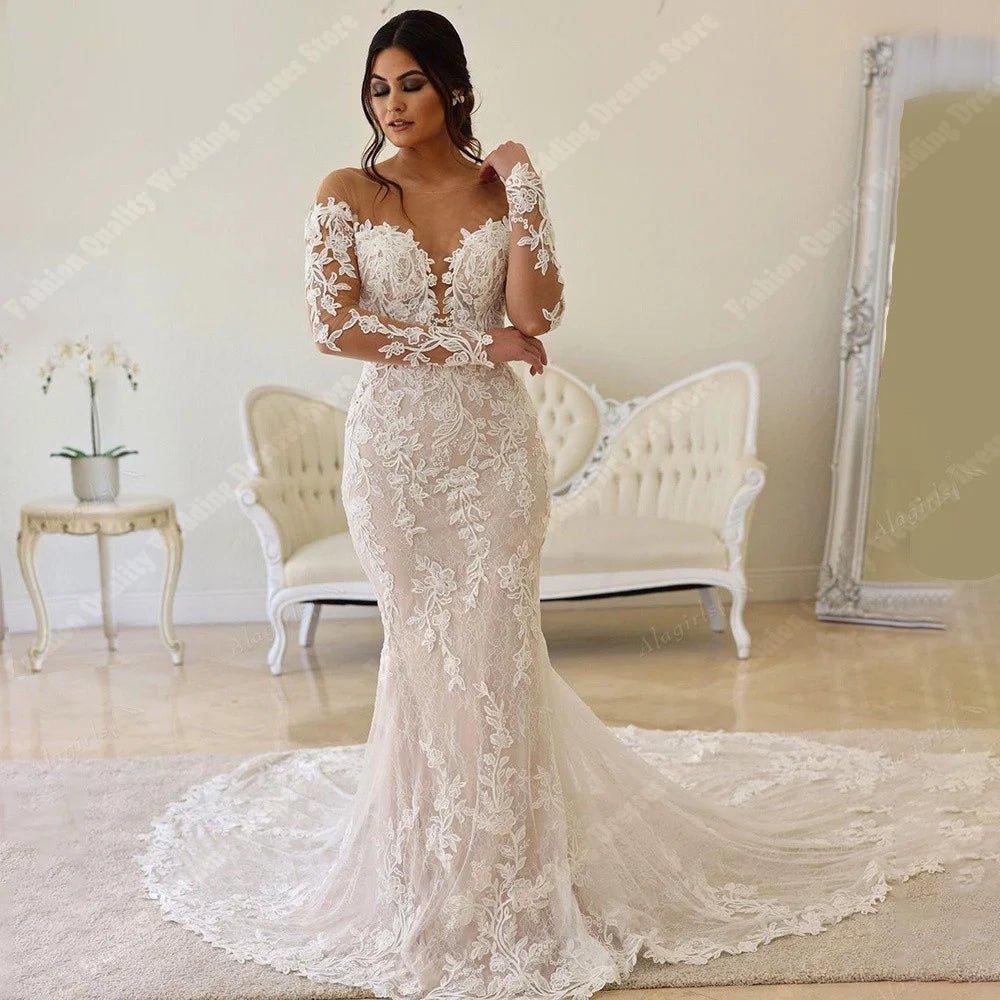 Vestidos de noiva com decote em V profundo para mulher 2024, novos, ombro de fora, renda, mangas compridas, sereia, baile, vestido de noiva vintage