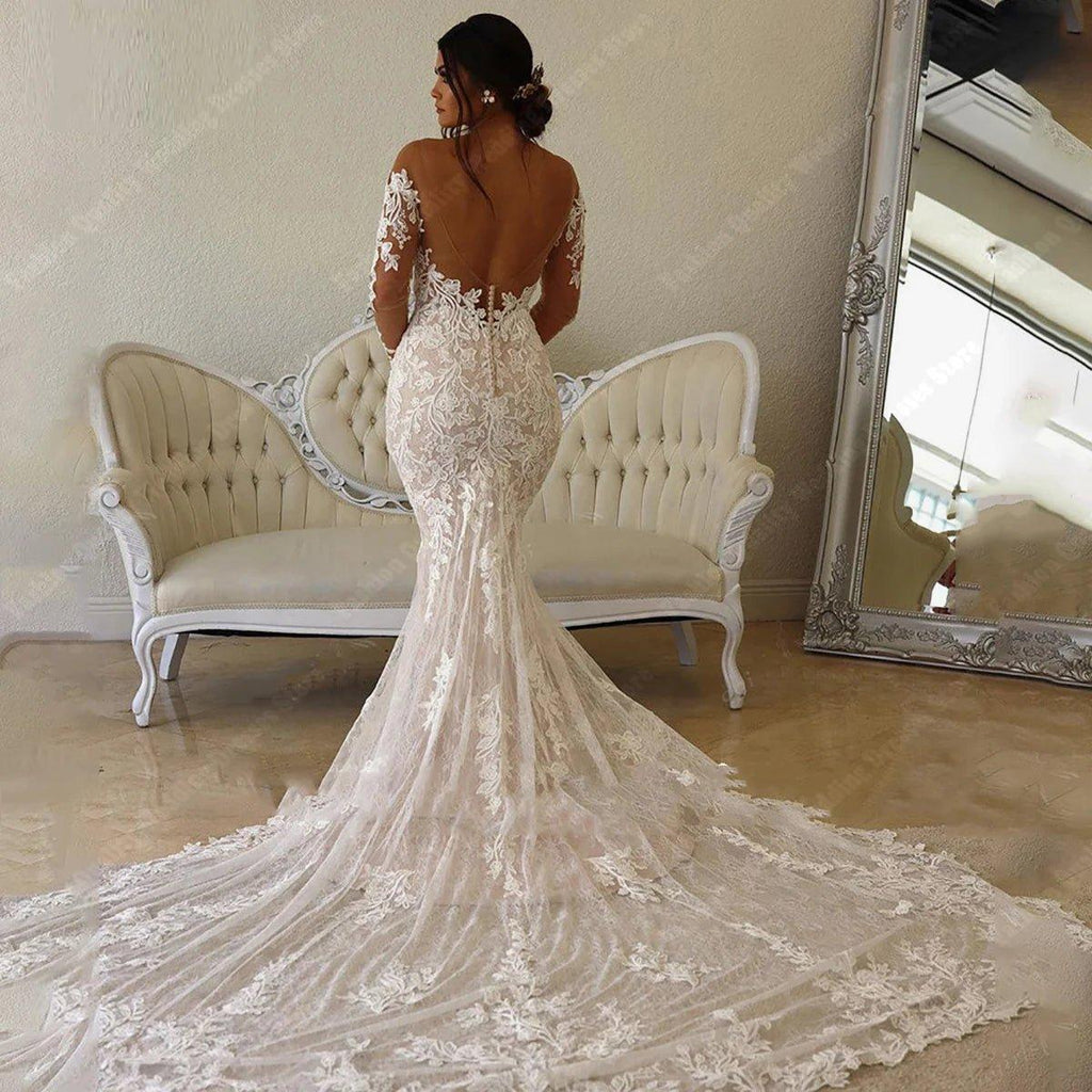 Vestidos de noiva com decote em V profundo para mulher 2024, novos, ombro de fora, renda, mangas compridas, sereia, baile, vestido de noiva vintage