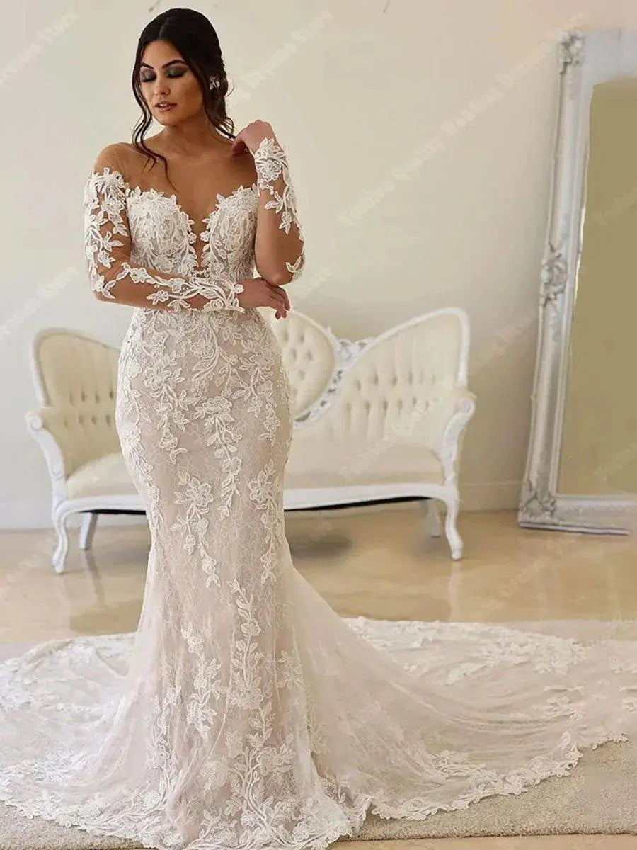 Vestidos de noiva com decote em V profundo para mulher 2024, novos, ombro de fora, renda, mangas compridas, sereia, baile, vestido de noiva vintage