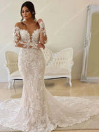 Vestidos de noiva com decote em V profundo para mulher 2024, novos, ombro de fora, renda, mangas compridas, sereia, baile, vestido de noiva vintage