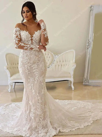 Tiefem V-Ausschnitt Brautkleider für Frauen 2024 Neue schulterfreie Spitze mit langen Ärmeln Meerjungfrau Ball Brautkleid Vintage Vestidos De Novia