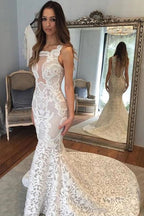 Zarte Illusion Hofzug Spitze Meerjungfrau elegante Hochzeitskleider