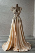 Abito da Sera Elegante da Designer, Senza Maniche, a Linea A, Lungo, con Riflessi, con Spacco