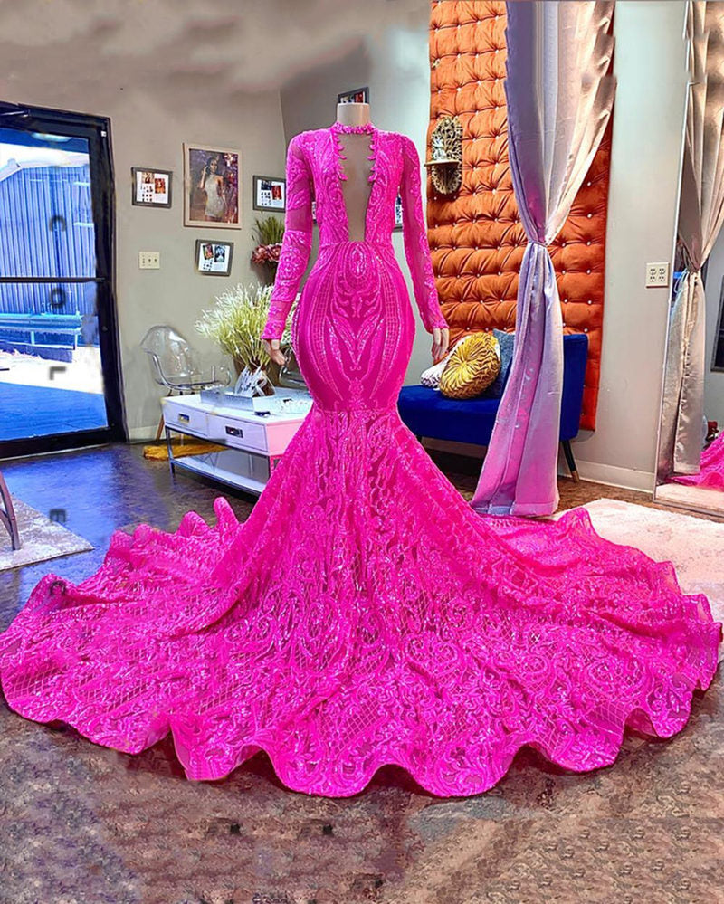 Designer Fuchsia Long Sleeves V-neck Mermaid Sparkle Long Prom Dress