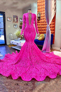 Abito da ballo lungo sirena con maniche lunghe scollatura a V scintillante fucsia di design