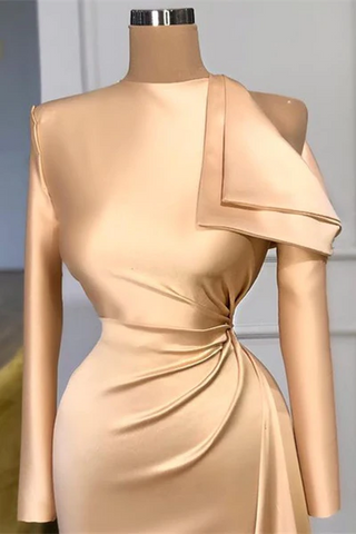 Designer Long Champagne Mermaid Satin Prom Dress With Long Sleeves