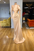 Abito da Sera Lungo Champagne Sirena in Satin con Maniche Lunghe da Designer