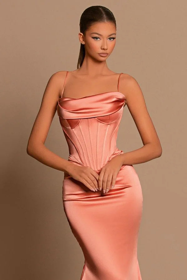 Robe de bal sans manches sirène à bretelles spaghetti longues corail de créateur
