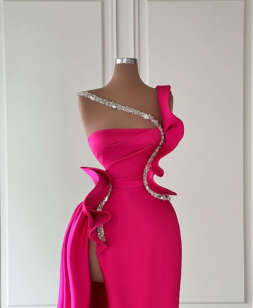 Designer Long Glitter Sleeveless Split Front Prom Dress With Ruffles