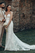 Designer-Langes Elfenbein-Meerjungfrau-Trägerloses Spitzen-Brautkleid mit Schleppe