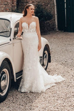 Designer-Langes Elfenbein-Meerjungfrau-Trägerloses Spitzen-Brautkleid mit Schleppe