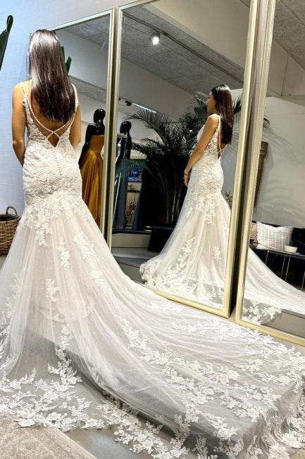 Designer-Langmermaid-Applikationen trägerloses Brautkleid mit Spitze