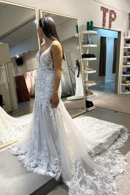 Designer-Langmermaid-Applikationen trägerloses Brautkleid mit Spitze