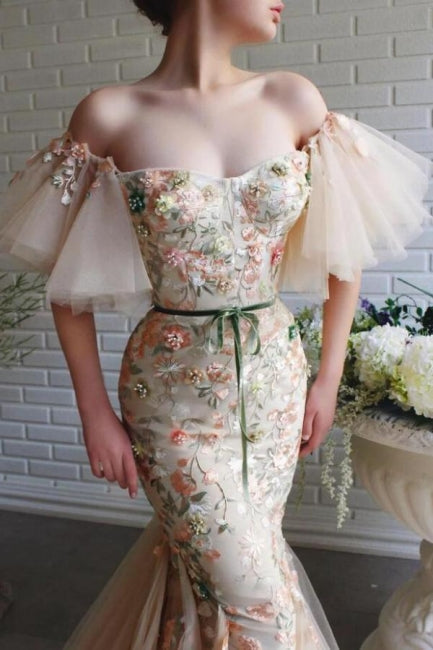 Designer-Langes Meerjungfrau-Trägerloses Tüll-Spitzen-Abschlussballkleid mit Blumen