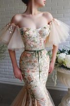 Designer-Langes Meerjungfrau-Trägerloses Tüll-Spitzen-Abschlussballkleid mit Blumen