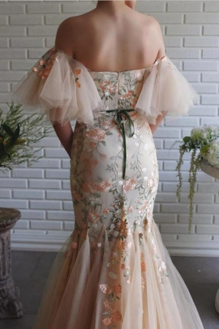 Designer-Langes Meerjungfrau-Trägerloses Tüll-Spitzen-Abschlussballkleid mit Blumen