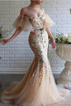 Designer-Langes Meerjungfrau-Trägerloses Tüll-Spitzen-Abschlussballkleid mit Blumen