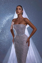 Vestido de Noiva de Design Longo Sem Mangas em Renda com Cauda