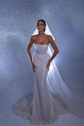 Vestido de Noiva de Design Longo Sem Mangas em Renda com Cauda