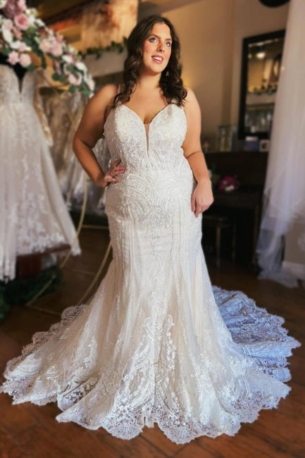 Designer Lang Meerjungfrau Spaghettiträger Reißverschluss Brautkleider Spitze