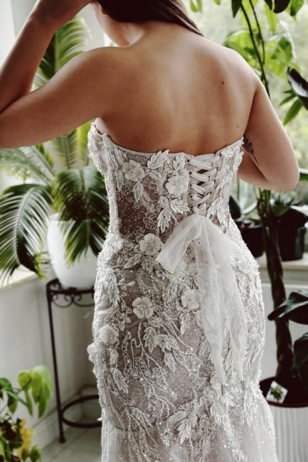 Designer Lang Meerjungfrau Trägerlos Spitze Pailletten Brautkleid mit Schleppe