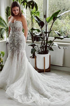 Designer Lang Meerjungfrau Trägerlos Spitze Pailletten Brautkleid mit Schleppe