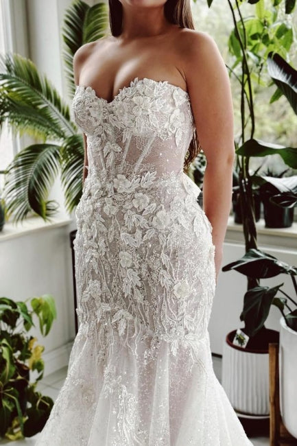 Designer Lang Meerjungfrau Trägerlos Spitze Pailletten Brautkleid mit Schleppe