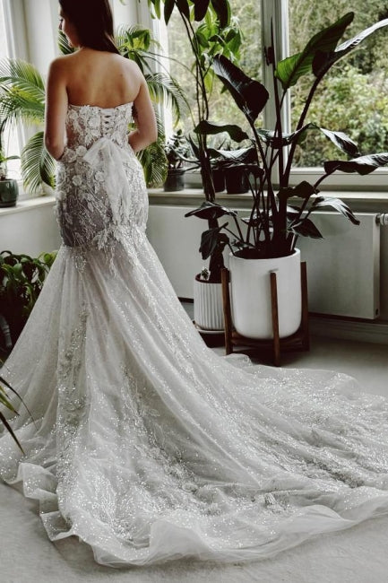 Designer Lang Meerjungfrau Trägerlos Spitze Pailletten Brautkleid mit Schleppe