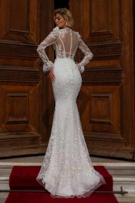 Designer Lang Meerjungfrau V-Ausschnitt Spitzen Brautkleider mit Langarm