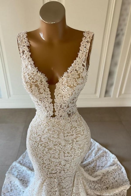 Vestidos de Noiva Longos e de Cauda de Sereia Decotados em V Sem Mangas Com Renda de Estilista