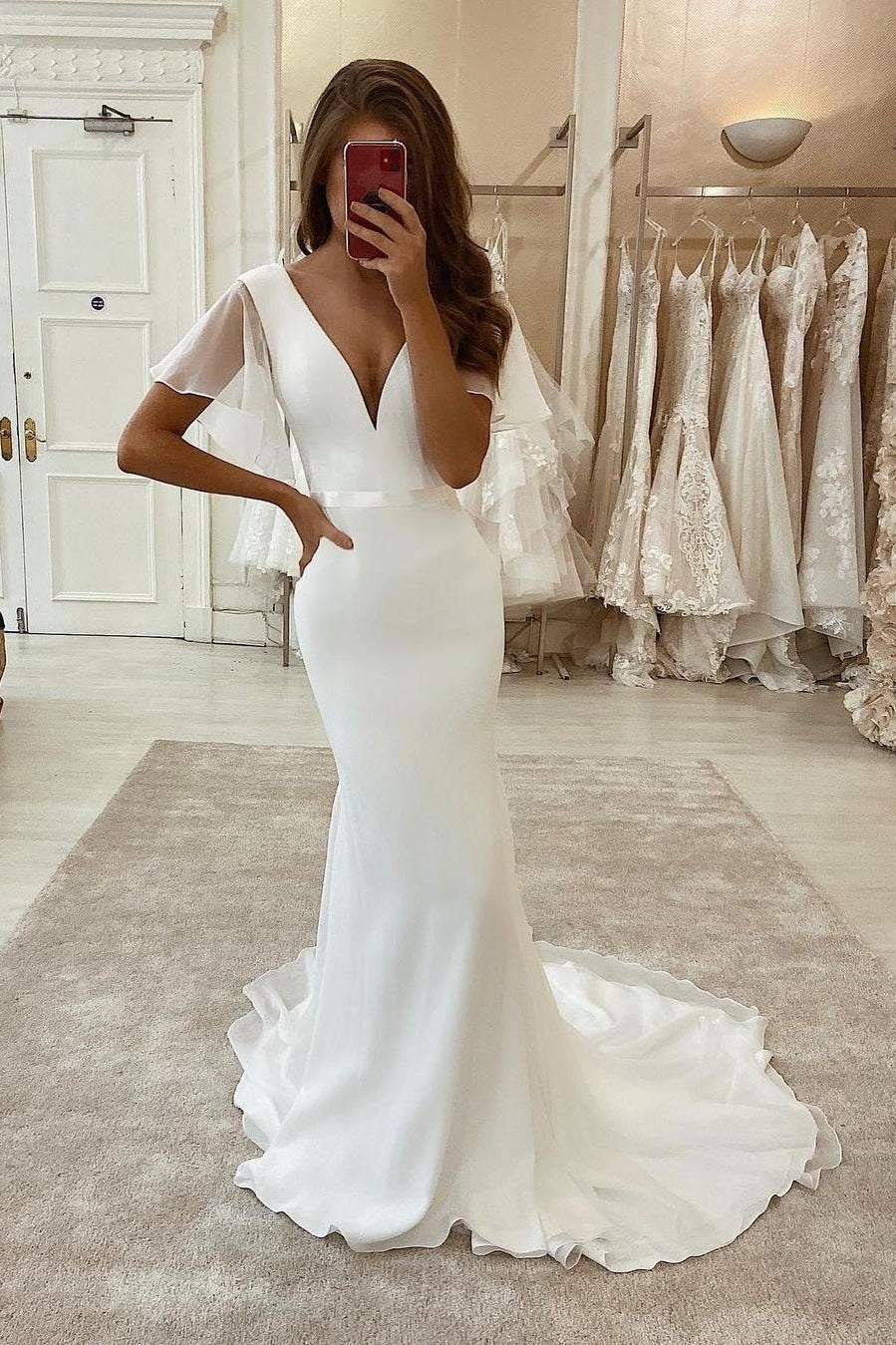Designer Lang Meerjungfrau Weiß Satin Tüll Kurzarm Brautkleid mit Schleppe