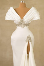 Designer Lang Weiß Meerjungfrau Off-the-shoulder Juwelen Brautkleid mit Schlitz