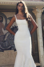 Designer Lang Weiß Meerjungfrau Spaghettiträger Satin Brautkleid