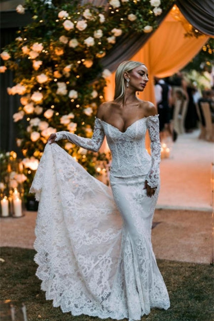 Designer Trägerlos-Langarm-Nixen-Brautkleider mit Spitze