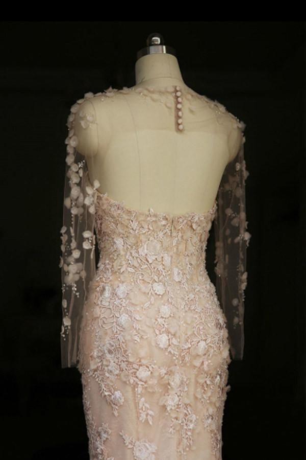 Designer-Open-Back-Spitzenblumen-Langarm-Nixen-Hochzeitskleid