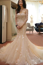 Designer-Open-Back-Spitzenblumen-Langarm-Nixen-Hochzeitskleid