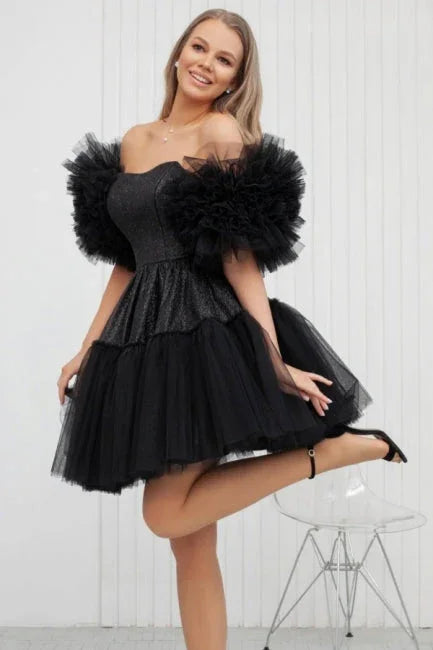 Designer kurzes schwarzes Tüll-Glitzer-Homecoming-Kleid mit Schulterfrei
