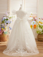 NumberSea - Detachable Lace Tulle Sweep Train Flower Girl Dress