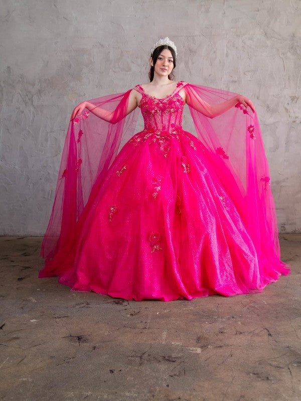 Vestido de baile com decote ombro a ombro e manga capa da marca Calla SCL30008