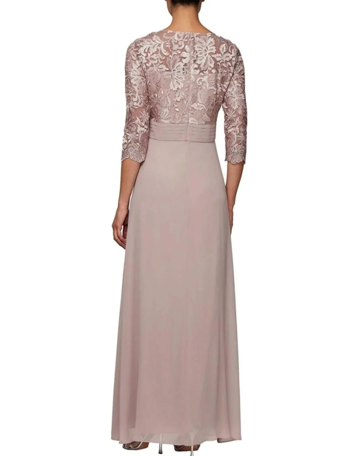 Vestido tubinho/coluna para mãe da noiva, convidada de casamento, elegante, decote redondo, comprimento até ao tornozelo, chiffon, renda, meia manga com franzido, cor sólida