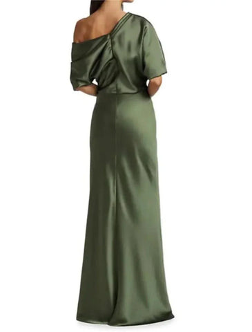 Etuikleid/Säulenkleid für die Brautmutter, Herbst, Hochzeitsgast, Party, elegant, schulterfrei, Sweep/Pinselzug, Satin, halbe Ärmel mit Rüschen